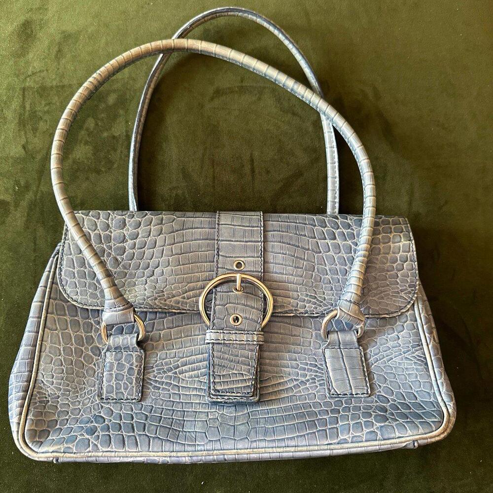 Vintage Talbots Croc-Embossed Muted Blue Leather Shoulder Bag with Silver Buckle